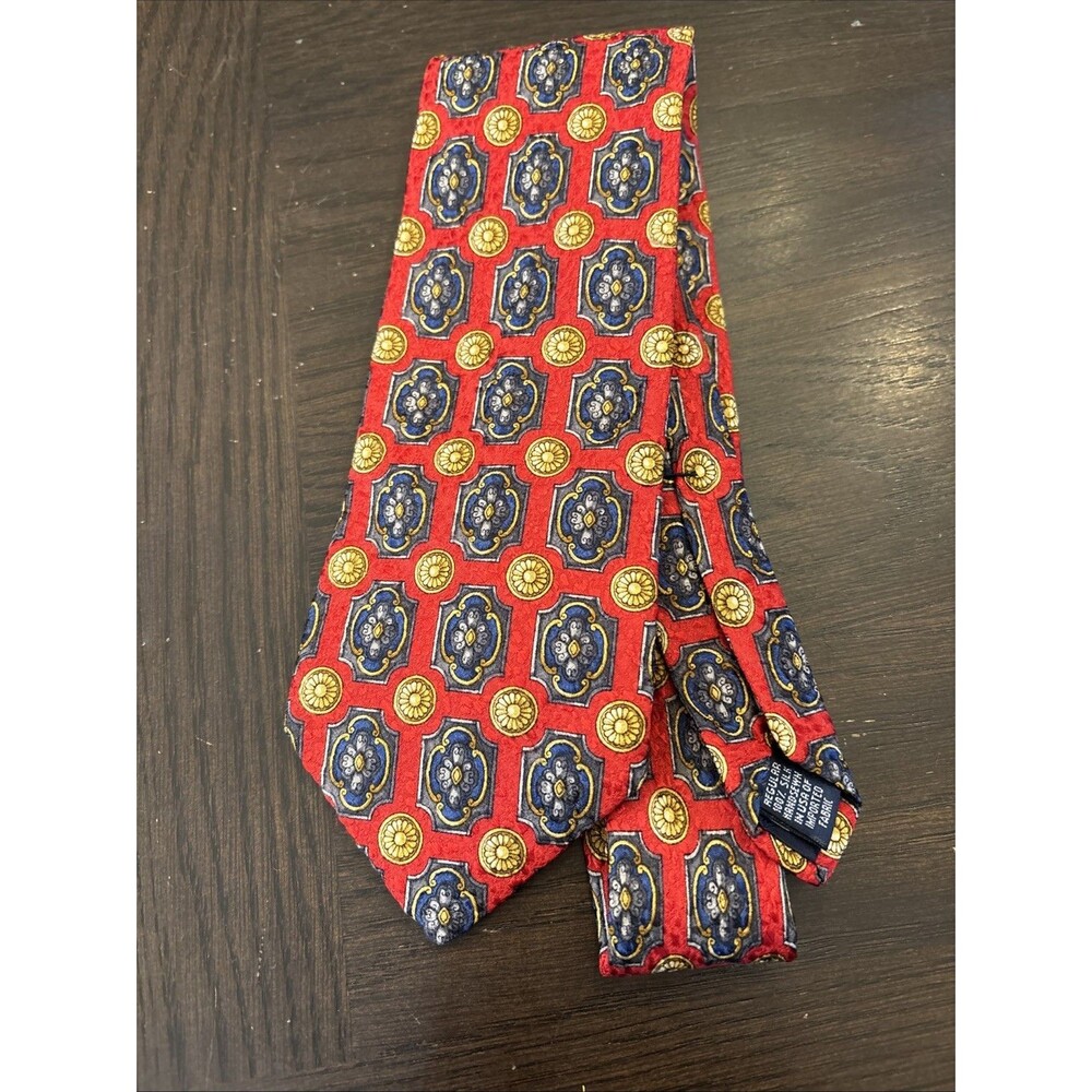 Land’s End 100% Silk Necktie Tie Geometric Red Navy USA Hand Sewn